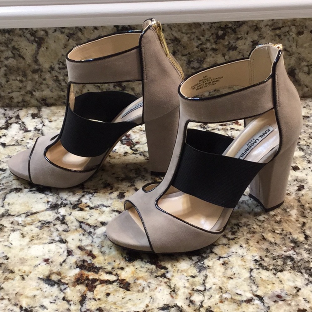 Karl Lagerfeld Beige/Black Suede Ankle Heels sz 6